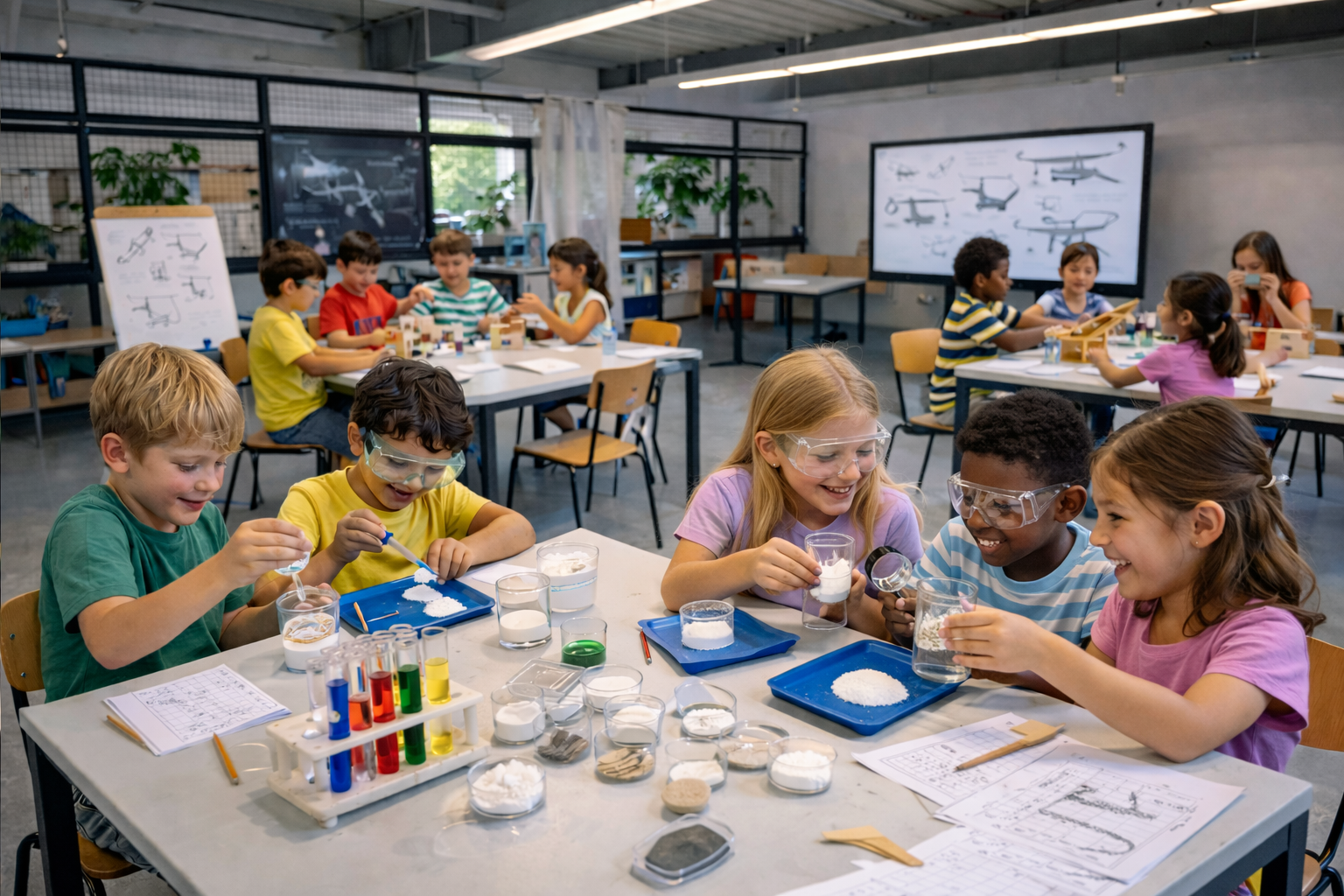 Kinder sitzen an Tischen und führen ein chemisches Experiment mit verschiedenen Materialien und Flüssigkeiten durch